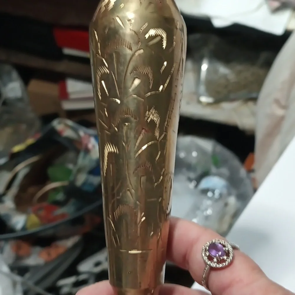 Vintage Brass Bud Vase Floral Etched Scalloped Edge Made in India 8 Inches